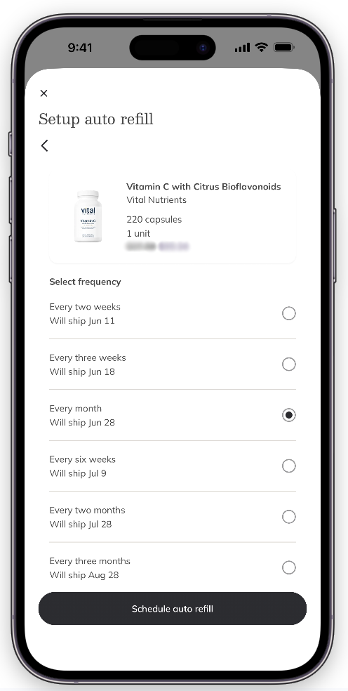Setting up auto refills from a product card.